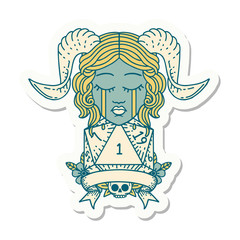 crying tiefling face with natural 1 D20 Dice sticker