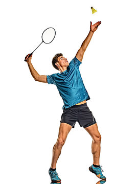 Badminton player young man isolated white background