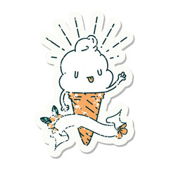 grunge sticker of tattoo style ice cream character waving