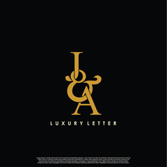 Initial letter J & A JA luxury art vector mark logo, gold color on black background.