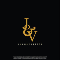 Initial letter J & V JV luxury art vector mark logo, gold color on black background.