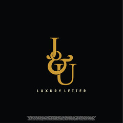 Initial letter J & U JU luxury art vector mark logo, gold color on black background.