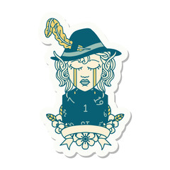 crying elf bard character with natural one D20 roll sticker