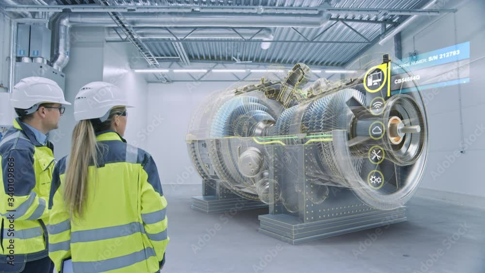 Leinwandbilder Industry 4.0: Two Engineers Standing, Talking in Factory Workshop with Augmented Reality 3D Model Engine, Analysing Components, Fuel Use Efficiency. VFX Special Visual Effects, Graphics Visualization