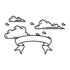 banner with black line work tattoo style floating clouds