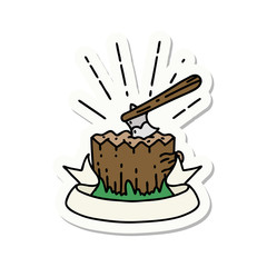 sticker of tattoo style axe in tree stump