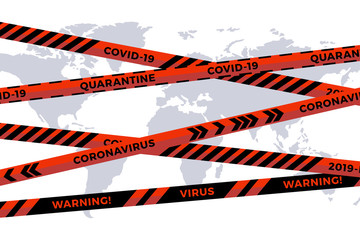 Vector biohazard danger yellow black tape on white paper cut world map background. Safety fencing ribbon. World quarantine flu. Warning danger influenza hazard. Global pandemic coronavirus COVID-19