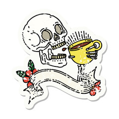 grunge sticker with banner of a skull drinking coffee