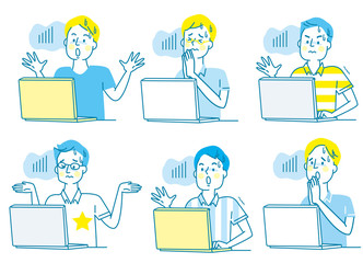 パソコン　怖る若い男性　夏服　セット