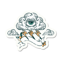 grunge sticker with banner of an all seeing eye cloud