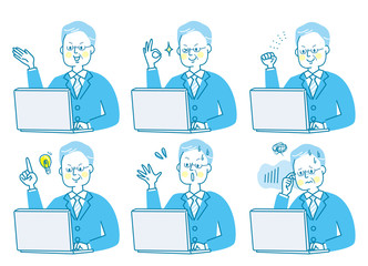 パソコン　シニア男性　表情　セット