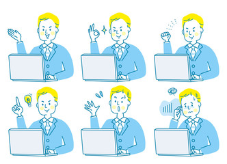 パソコン　若い男性　表情　セット