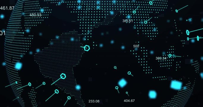 3D Animation Rendering of Globe Earth spinning with Data. Earth Hologram Spinning Seamless with Years Numbers Flying Around, Abstract Looped Animation of Cyberspace Planet. Future, Technology.