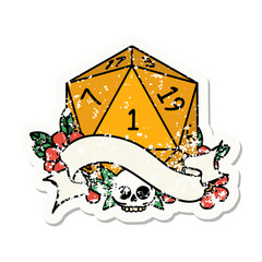 natural one d20 dice roll grunge sticker