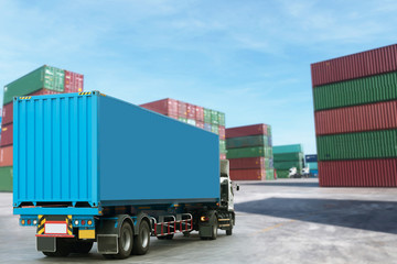 Truck container delivery with container warehouse as for logistics and shipping background.