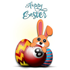 Happy Easter. Easter eggs, rabbit and billiard ball