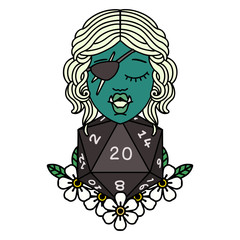 half orc rogue with natural twenty dice roll illustration