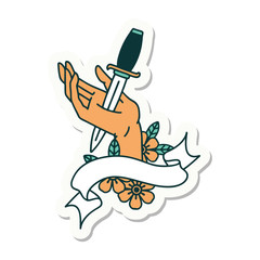 tattoo sticker with banner of a dagger in the hand