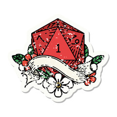natural one d20 dice roll grunge sticker