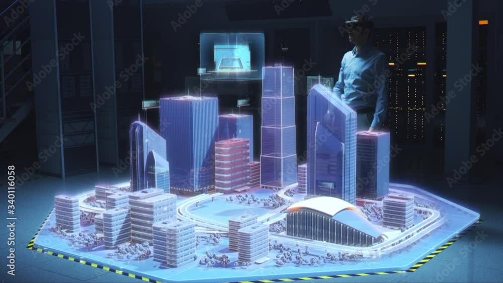 Poster industry 4.0: modern professional architect wearing virtual reality headset uses gestures to move, d