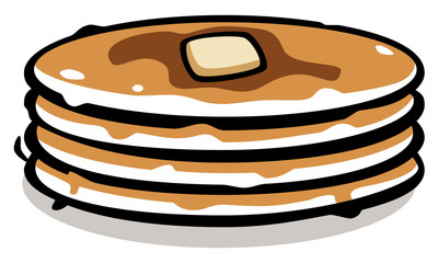 Vector painting of a pancake stack with butter and maple syrup with a black outline. Can represent a breakfast, baking, a brunch, a delicious dessert or indulgence.