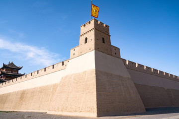 Fototapeta premium The majestic Jiayuguan Great Wall Corner Tower in Gansu Province, China.The turret of the Great Wall in Jiayuguan, Gansu, China