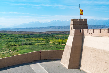 The majestic Jiayuguan Great Wall Corner Tower in Gansu Province, China.The turret of the Great Wall in Jiayuguan, Gansu, China