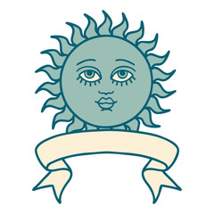 tattoo with banner of a sun with face