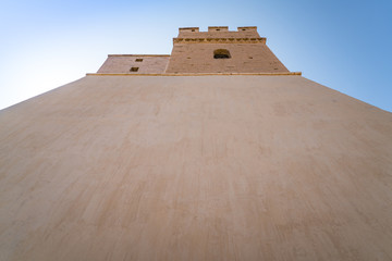The majestic Jiayuguan City watchtower in Gansu Province, China. Chinese characters on black plaque: Jiayuguan.The majestic Jiayuguan Great Wall Corner Tower in Gansu , China.The turret of the wall © Liu Lei