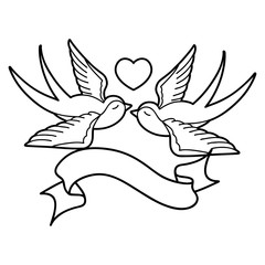black linework tattoo with banner of a swallows and a heart