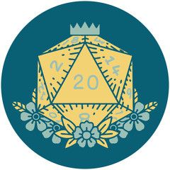 natural 20 D20 dice roll with floral elements illustration