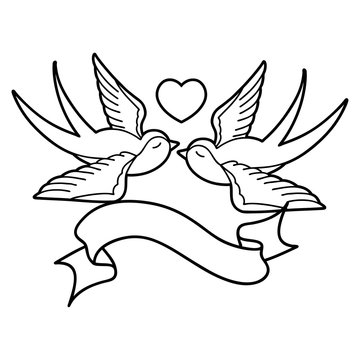 black linework tattoo with banner of a swallows and a heart