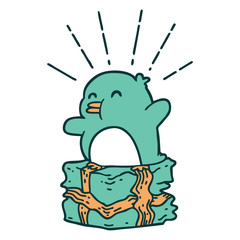 traditional tattoo style penguin sitting on present