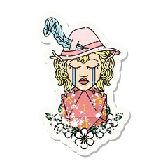 crying elf bard character with natural one D20 roll grunge sticker