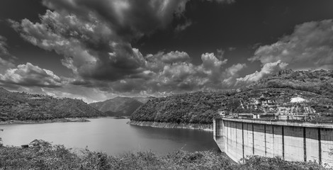 dramatic black and white image of Dam Presa Jiguey in the caribbean mountains of the  dominican republic 
