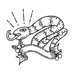 banner with black line work tattoo style hissing snake
