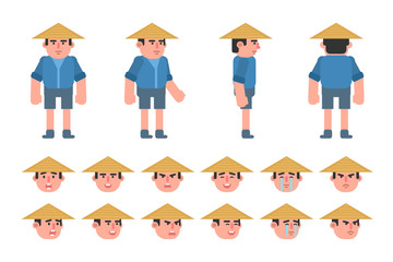 Asian farmer creation kit. Create your own pose or animation. Flat design vector illustration