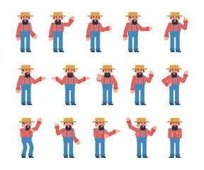 Set of farmer characters showing various hand gestures. Old farmer showing thumb up, pointing, victory sign and other gestures. Flat design vector illustration