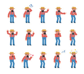 Naklejka premium Set of bearded farmer showing various emotions. Old farmer crying, laughing, happy, tired, angry and showing other expressions. Flat design vector illustration