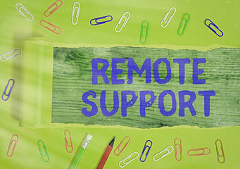 Writing note showing Remote Support. Business concept for type of secure service, which permits...
