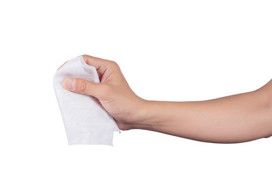 People hand holding Baby wet wipes To clean hands isolated on white background.