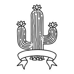 black linework tattoo with banner of a cactus