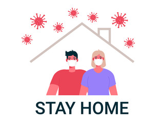 Coronavirus. Novel virus 2019-nCoV. Young couple in white medical masks on their faces. People stay home: isolation, protection, prevention, fight. Flat cartoon vector illustration