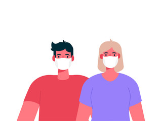 Coronavirus. Novel virus 2019-nCoV. Young couple in white medical masks on their faces. People stay home: isolation, protection, prevention, fight. Flat cartoon vector illustration