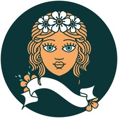 icon with banner of female face with crown of flowers