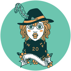 human bard with natural 20 dice roll icon