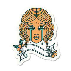 tattoo sticker with banner of female face crying