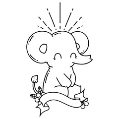 banner with black line work tattoo style cute elephant