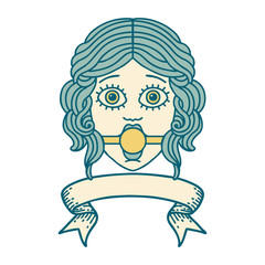 tattoo with banner of female face with ball gag