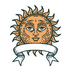 tattoo with banner of a sun with face